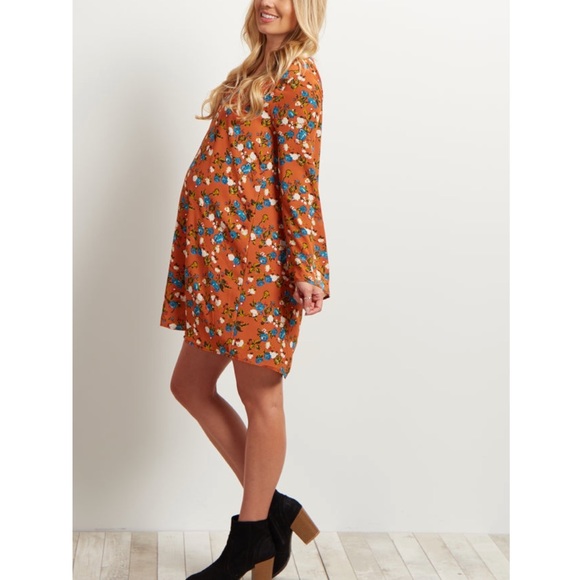 Pinkblush Rust Floral Printed V-Neck Chiffon Maternity Dress NWT Size Medium - Picture 2 of 11